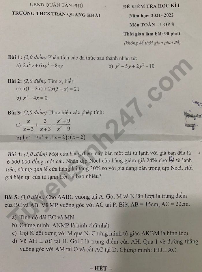 De thi hoc ki 1 nam 2021 mon Toan 8 THCS Tran Quang Khai