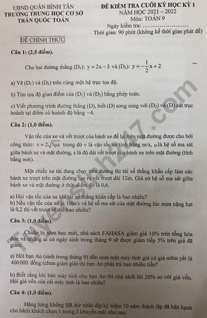 De thi hoc ki 1 mon Toan 9 THCS Tran Quoc Toan 2021