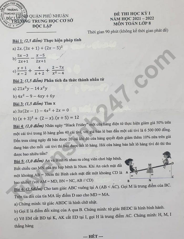 De thi ki 1 nam 2021 - 2022 THCS Doc Lap lop 8 mon Toan