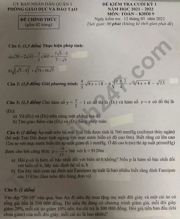 De thi cuoi ki 1 lop 9 mon Toan 2021 - Phong GD Quan 1