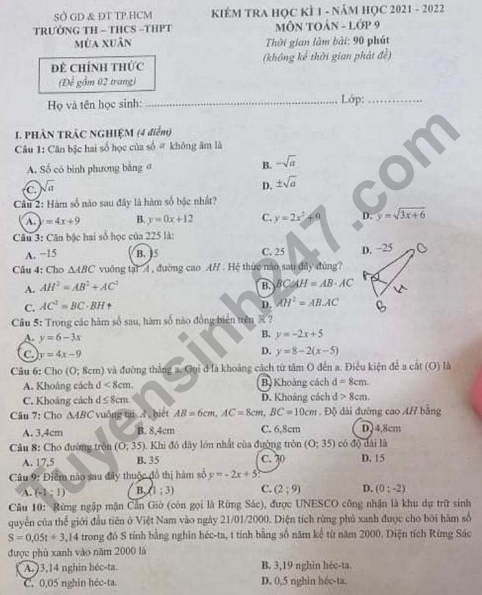De thi hoc ki 1 mon Toan 9 TH-THCS-THPT Mua Xuan 2021