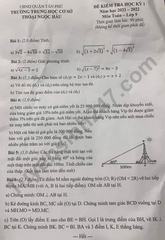 De thi hoc ki 1 lop 9 mon Toan - THCS Thoai Ngoc Hau 2021