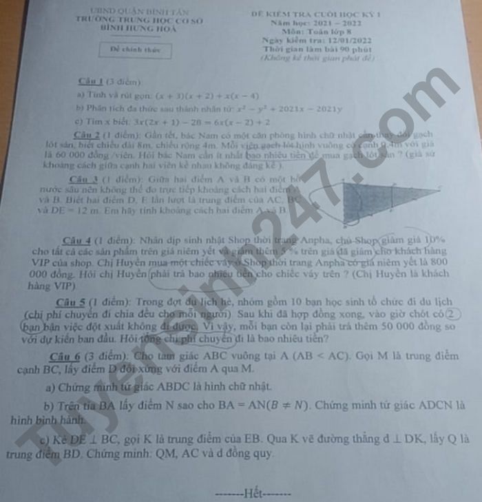 De thi ki 1 mon Toan 8 THCS Binh Hung Hoa 2021