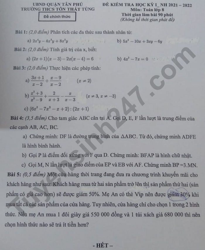De thi hoc ki 1 THCS Ton That Tung 2021 - Toan lop 8