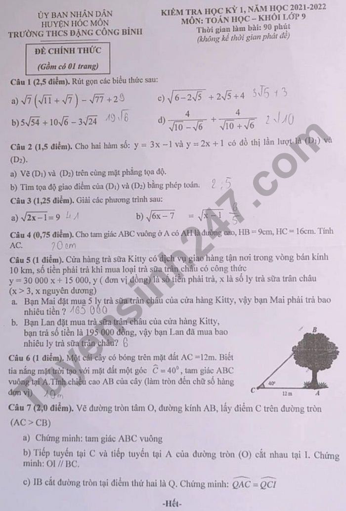 De thi hoc ki 1 lop 9 mon Toan 2021 - THCS Dang Cong Binh