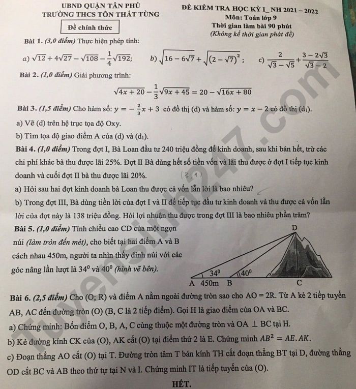 De thi hoc ki 1 mon Toan 9 THCS Ton That Tung 2021