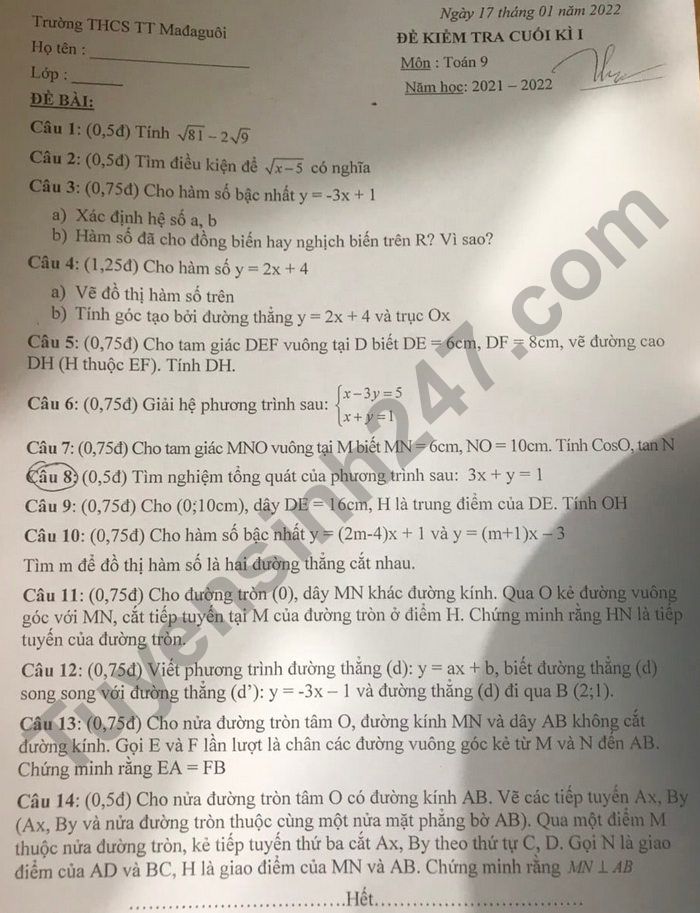 De thi cuoi ki 1 mon Toan 9 - THCS TT Madaguoi 2021