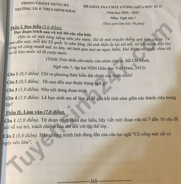 De thi giua ki 2 Van lop 7 TH&THCS Minh Khai 2022