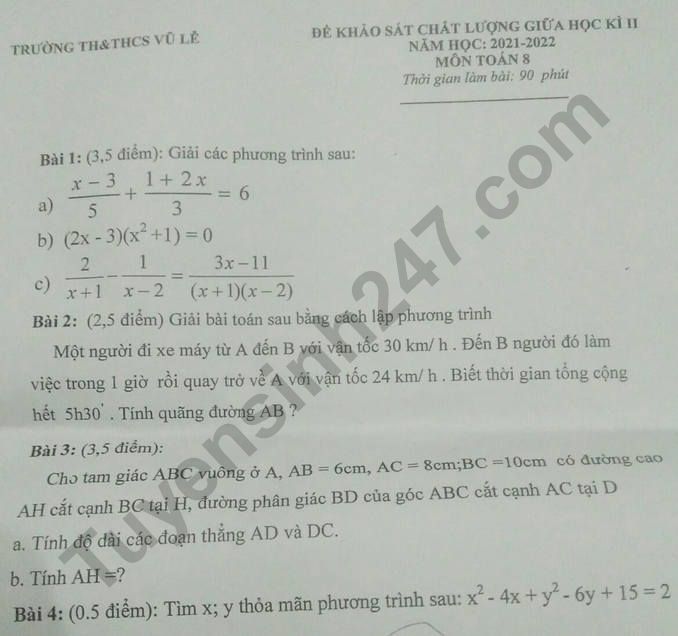 De thi giua ki 2 lop 8 mon Toan 2022 - TH THCS Vu Le