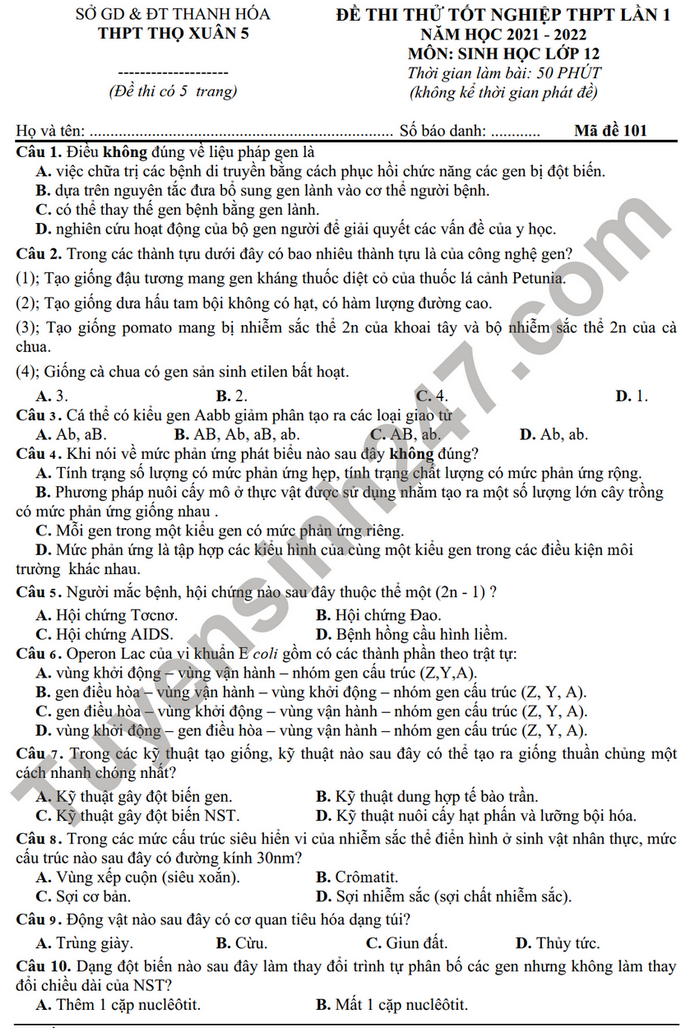 De thi thu tot nghiep THPT mon Sinh lan 1 nam 2022 - THPT Tho Xuan 5