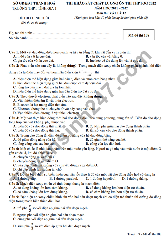 De thi thu tot nghiep THPT mon Li - THPT Tinh Gia 1 2022