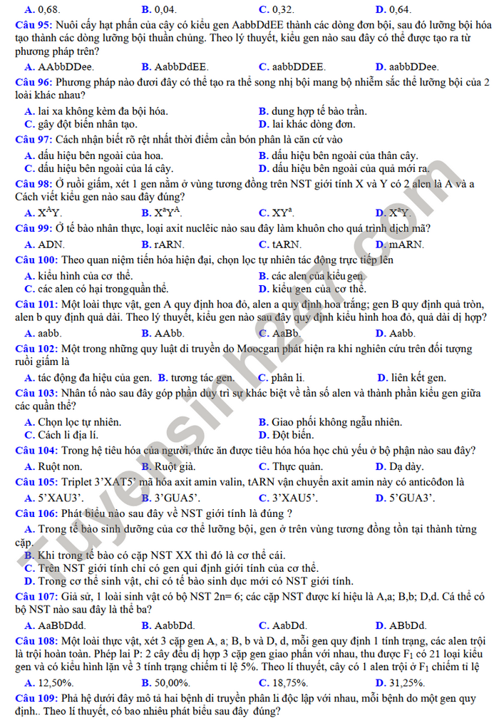 De thi thu tot nghiep mon Sinh THPT 2022 - THPT Nhu Thanh lop 12 lan 1