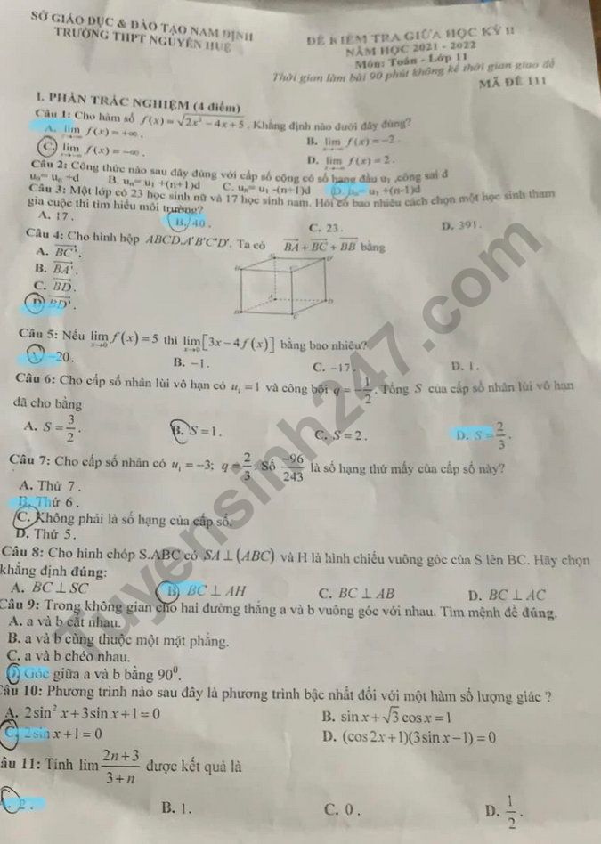 De thi giua ki 2 lop 11 mon Toan 2022 - THPT Nguyen Hue
