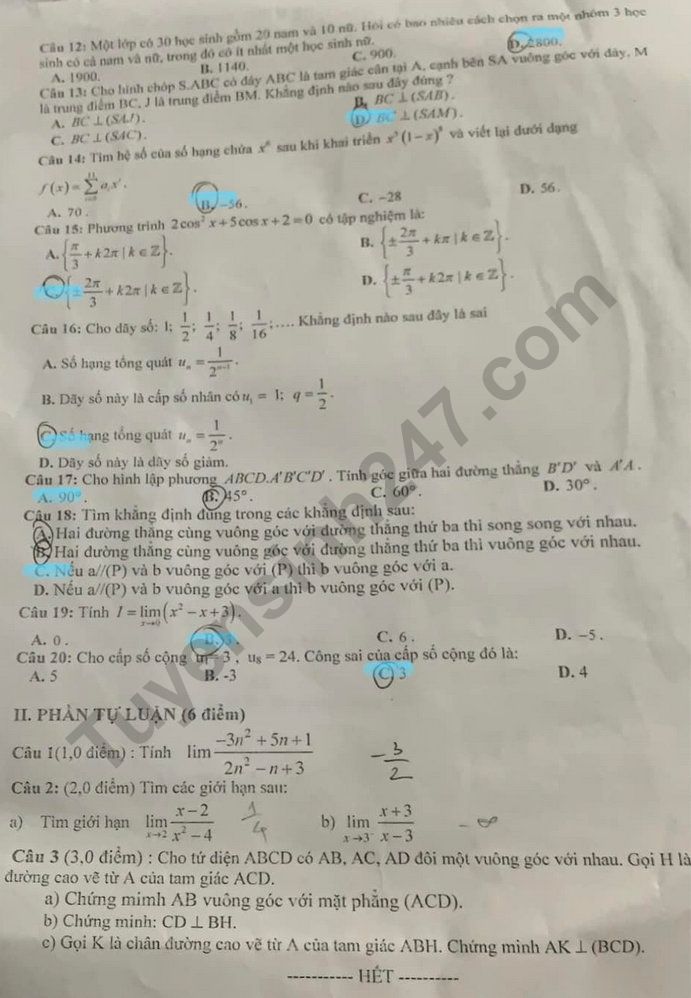 De thi giua ki 2 lop 11 mon Toan 2022 - THPT Nguyen Hue