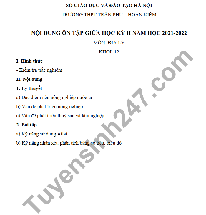 De cuong on tap giua ki 2 mon Dia lop 12 nam 2022 - THPT Tran Phu - Hoan Kiem