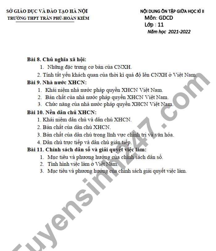 De cuong on tap giua ki 2 lop 11 mon GDCD THPT Tran Phu - Hoan Kiem nam 2022