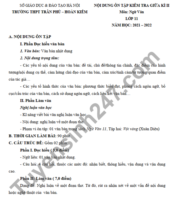 De cuong on tap giua ki 2 mon Van lop 11 2022 THPT Tran Phu - Hoan Kiem