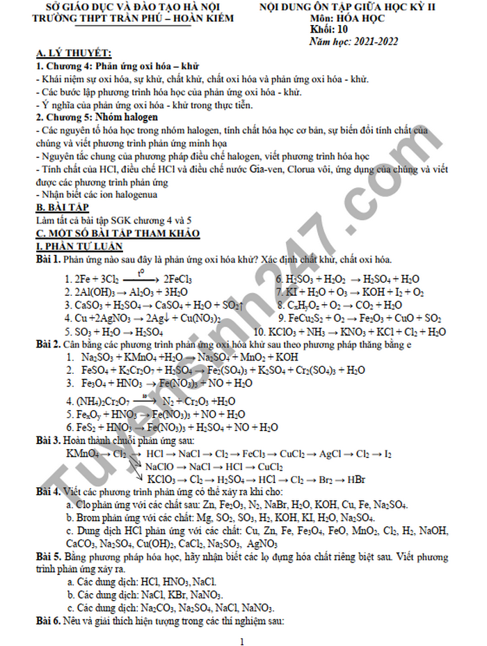 De cuong on tap giua ki 2 mon Hoa lop 10 THPT Tran Phu - Hoan Kiem 2022