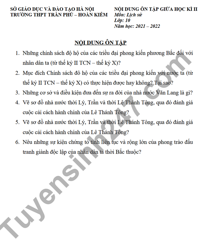 De cuong on tap giua ki 2 mon Su lop 10 THPT Tran Phu - Hoan Kiem 2022