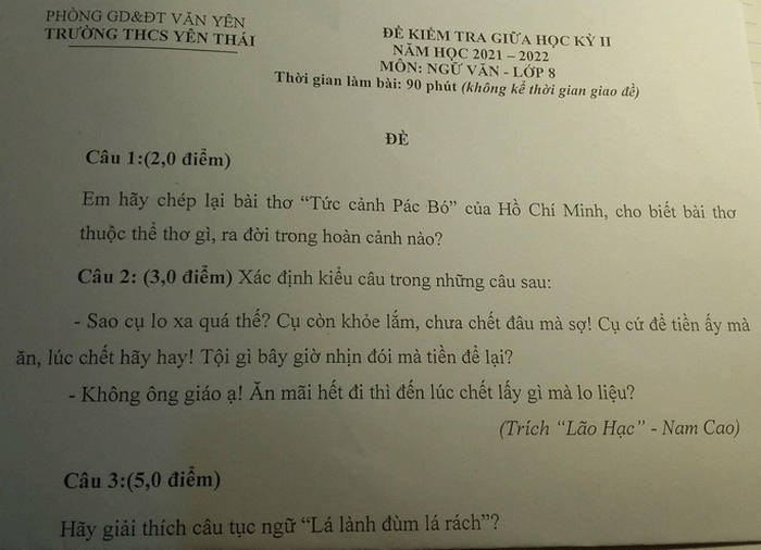 De thi giua ki 2 mon Van lop 8 2022 THCS Yen Thai