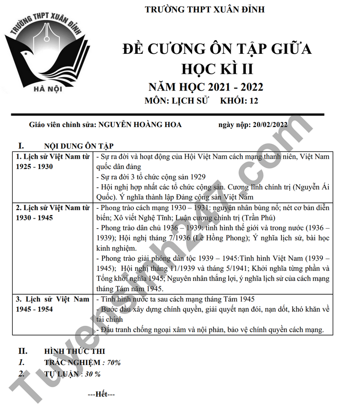 De cuong on tap giua ki 2 THPT Xuan Dinh lop 12 mon Su 2022