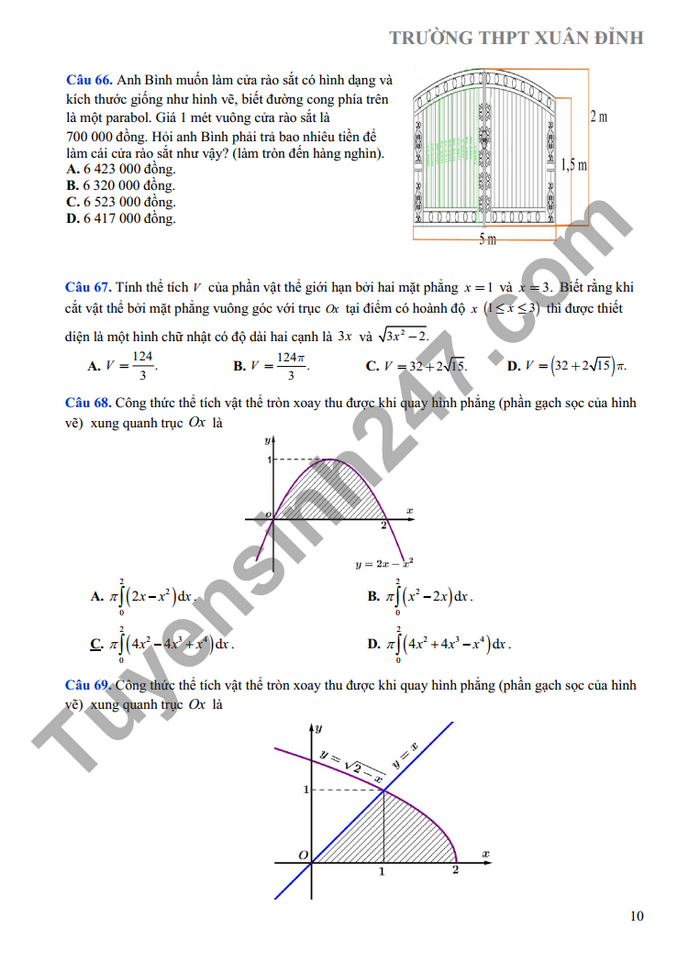 De cuong on tap giua ki 2 mon Toan THPT Xuan Dinh 2022 lop 12