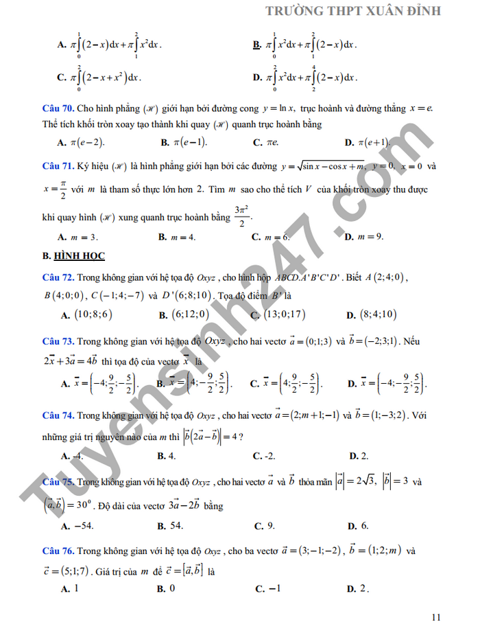 De cuong on tap giua ki 2 mon Toan THPT Xuan Dinh 2022 lop 12
