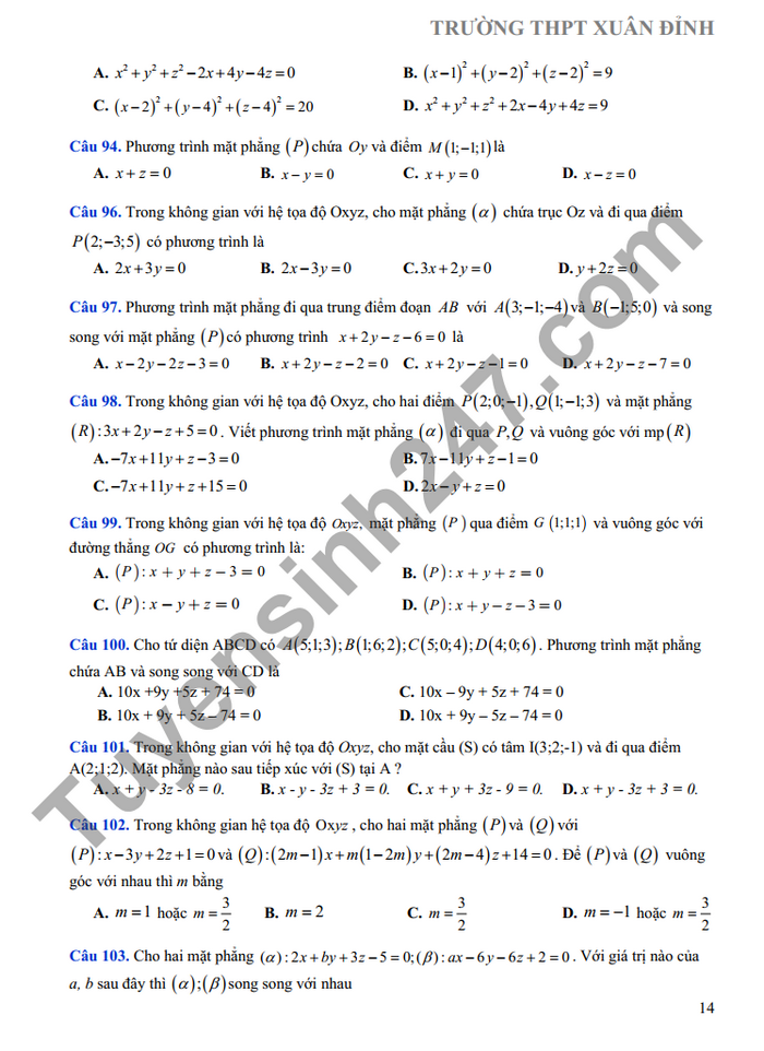 De cuong on tap giua ki 2 mon Toan THPT Xuan Dinh 2022 lop 12