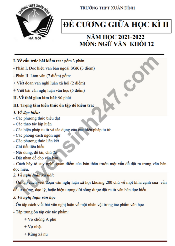 De cuong on tap giua ki 2 lop 12 mon Van THPT Xuan Dinh 2022