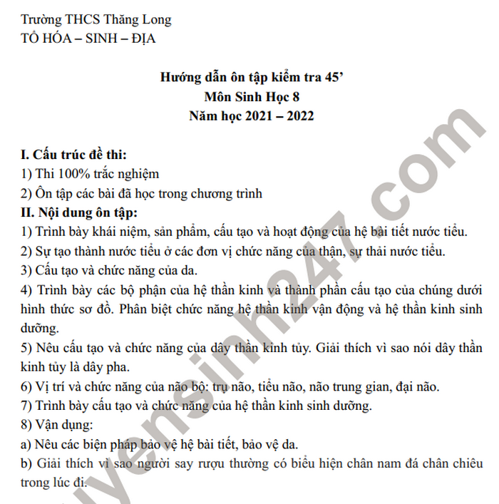 De cuong on tap giua ki 2 mon Sinh lop 8 nam 2021-2022 - THCS Thang Long