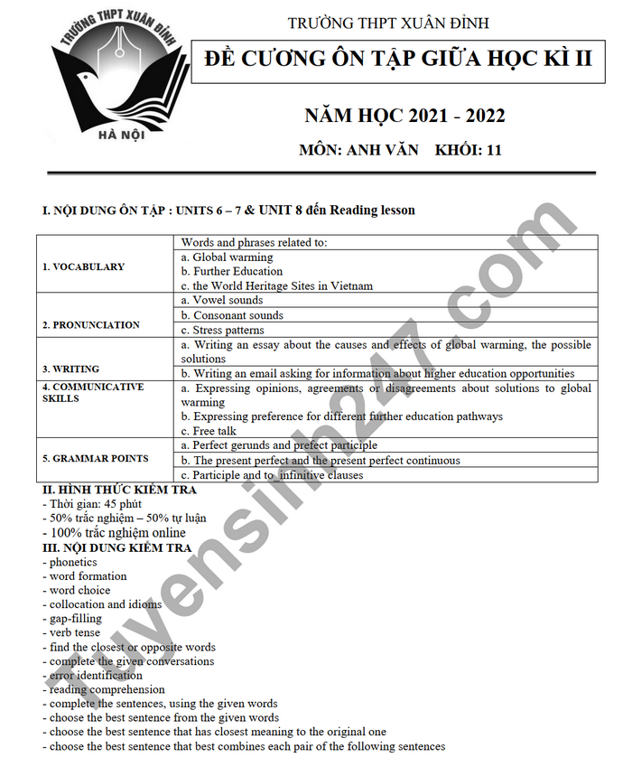 De cuong on tap giua ki 2 THPT Xuan Dinh 2022 mon Anh lop 11