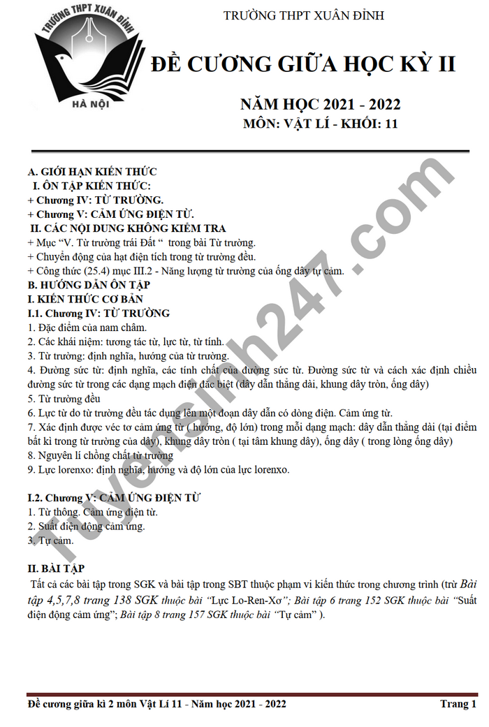 De cuong on tap giua ki 2 lop 11 mon Li THPT Xuan Dinh 2022