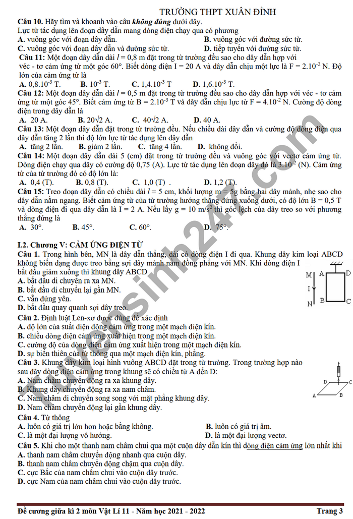 De cuong on tap giua ki 2 lop 11 mon Li THPT Xuan Dinh 2022