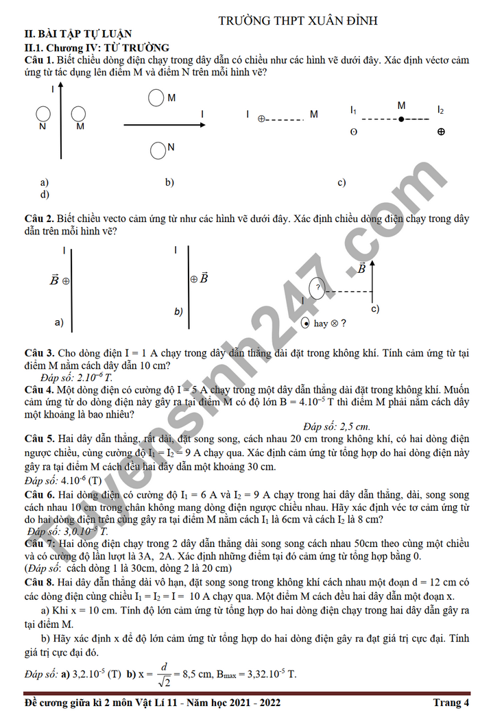 De cuong on tap giua ki 2 lop 11 mon Li THPT Xuan Dinh 2022