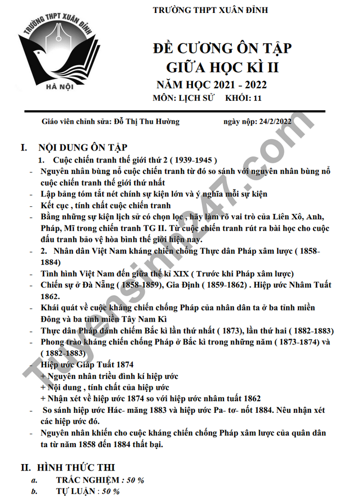 De cuong on tap giua ki 2 mon Su lop 11 2022 THPT Xuan Dinh