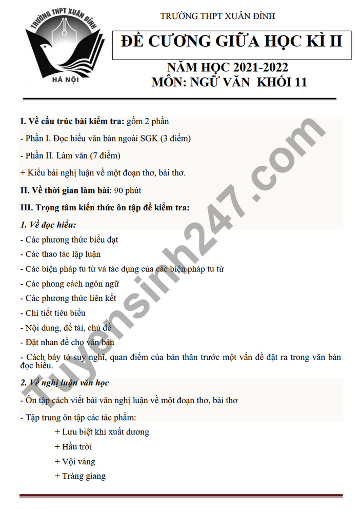 De cuong on tap giua ki 2 mon Van THPT Xuan Dinh lop 11 2022