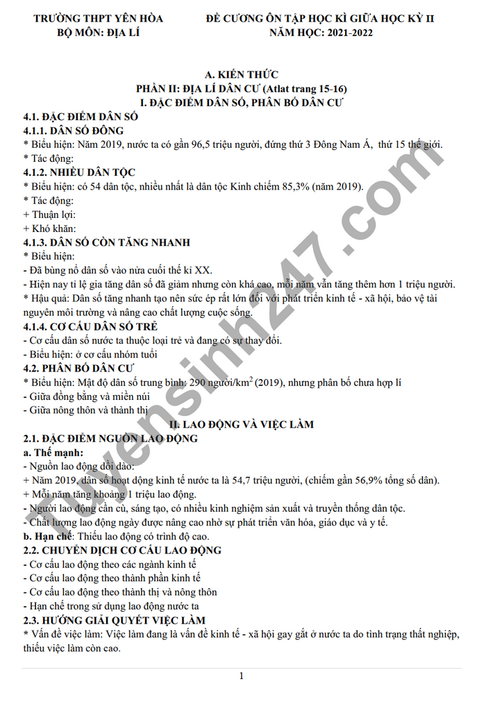 De cuong on tap giua ki 2 mon Dia lop 12 2022 THPT Yen Hoa