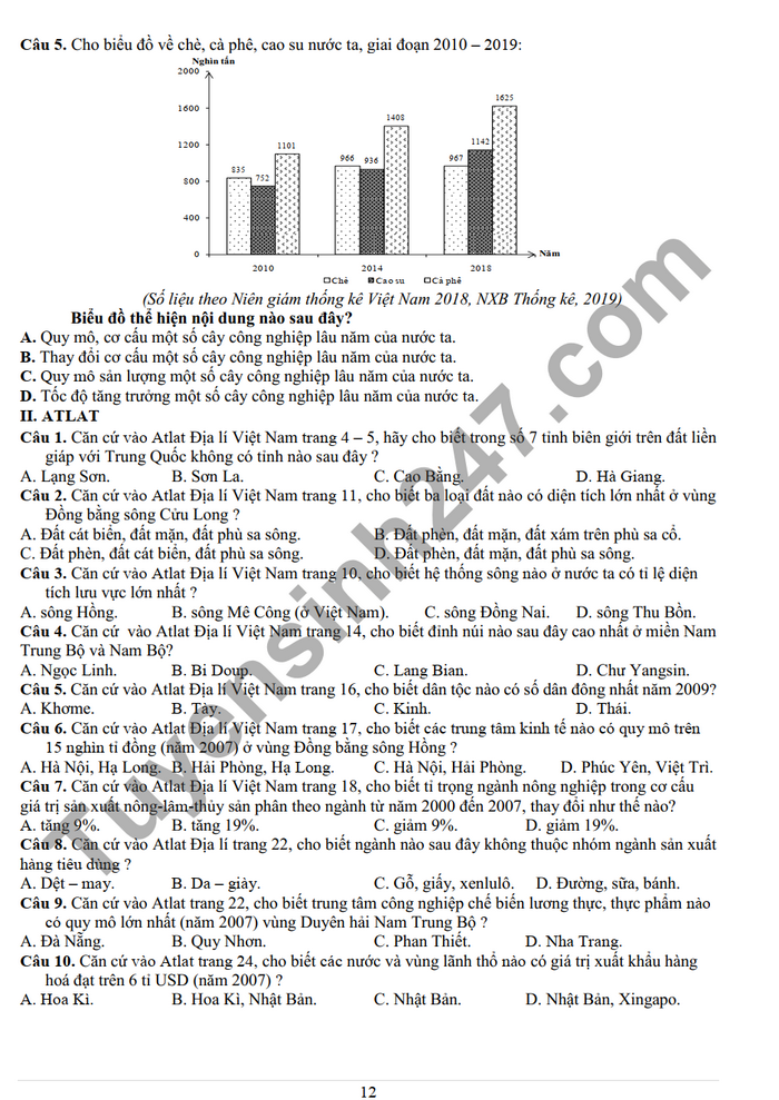 De cuong on tap giua ki 2 mon Dia lop 12 2022 THPT Yen Hoa
