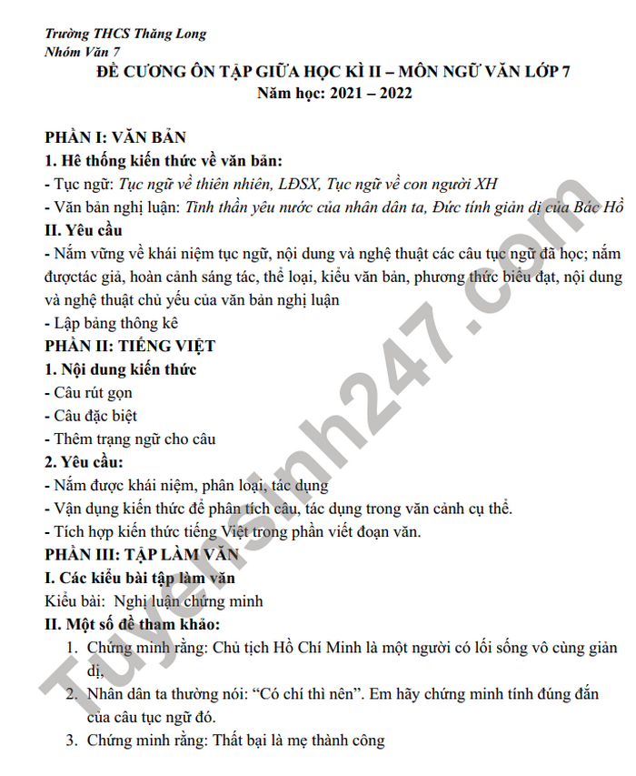 De cuong on thi giua ki 2 nam hoc 2021-2022 lop 7 THCS Thang Long mon Van