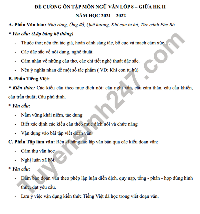 De cuong on thi giua ki 2 nam hoc 2021-2022 mon Van lop 8 - THCS Thang Long