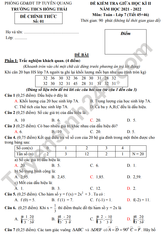 De thi giua ki 2 mon Toan lop 7 - THCS Hong Thai 2022