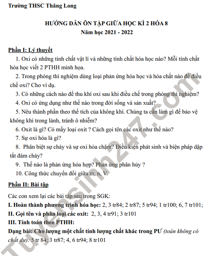 De cuong on tap giua ki 2 nam hoc 2021-2022 THCS Thang Long mon Hoa lop 8