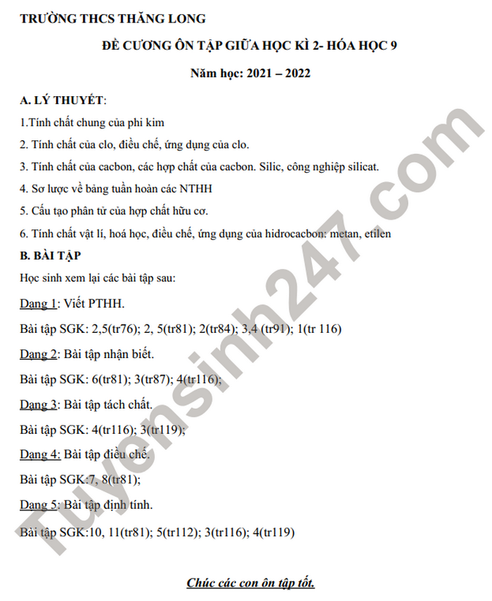 De cuong on tap giua ki 2 mon Hoa lop 9 nam hoc 2021-2022 THCS Thang Long