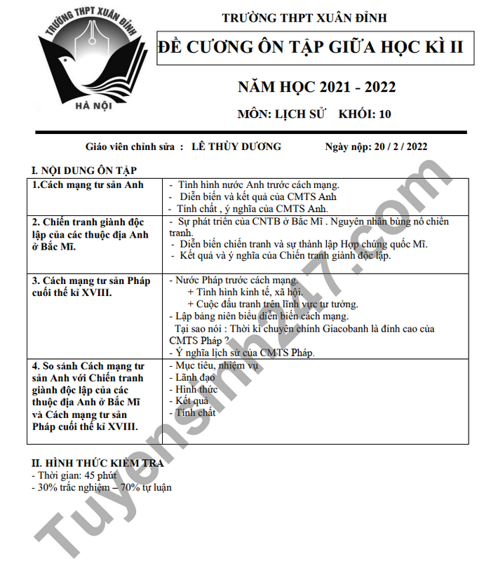 De cuong on tap giua ki 2 lop 10 mon Su 2022 THPT Xuan Dinh