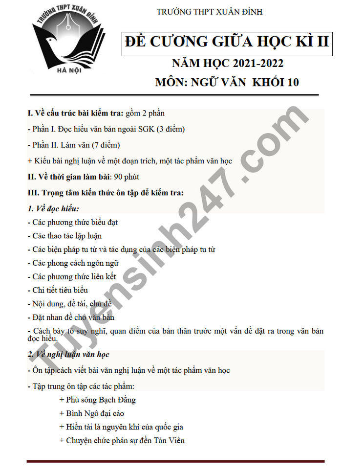 De cuong on tap giua ki 2 THPT Xuan Dinh 2022 lop 10 mon Van