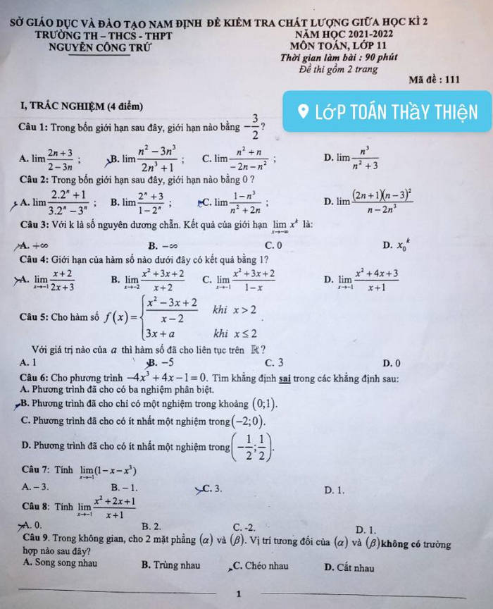 De thi giua ki 2 mon Toan lop 11 TH - THCS - THPT Nguyen Cong Tru 2022