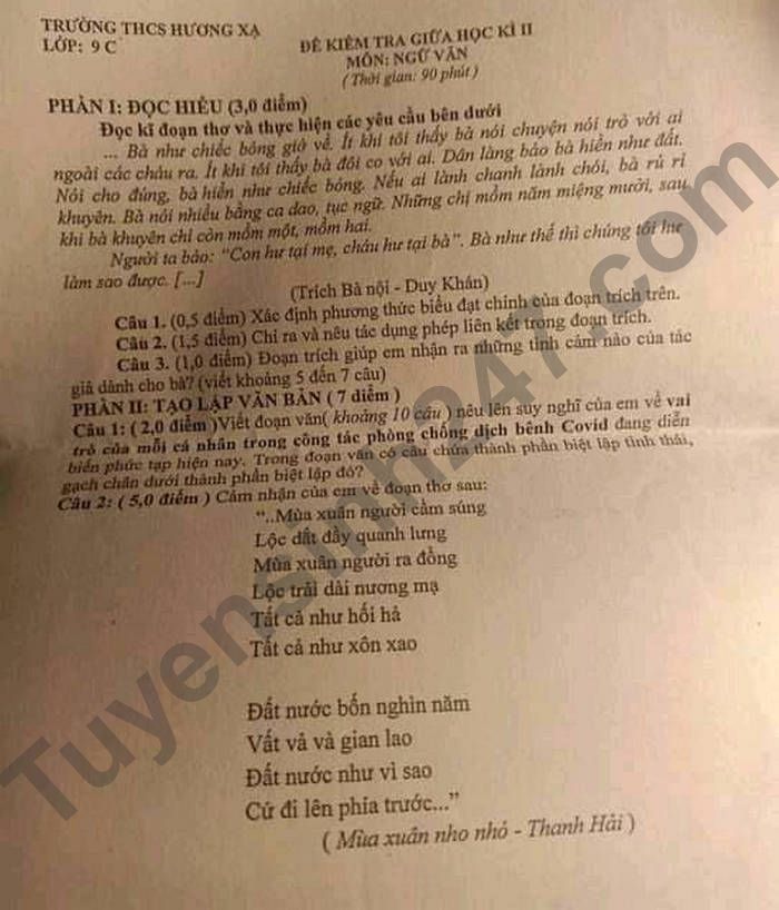 De thi giua ki 2 mon Van lop 9 THCS Huong Xa 2022