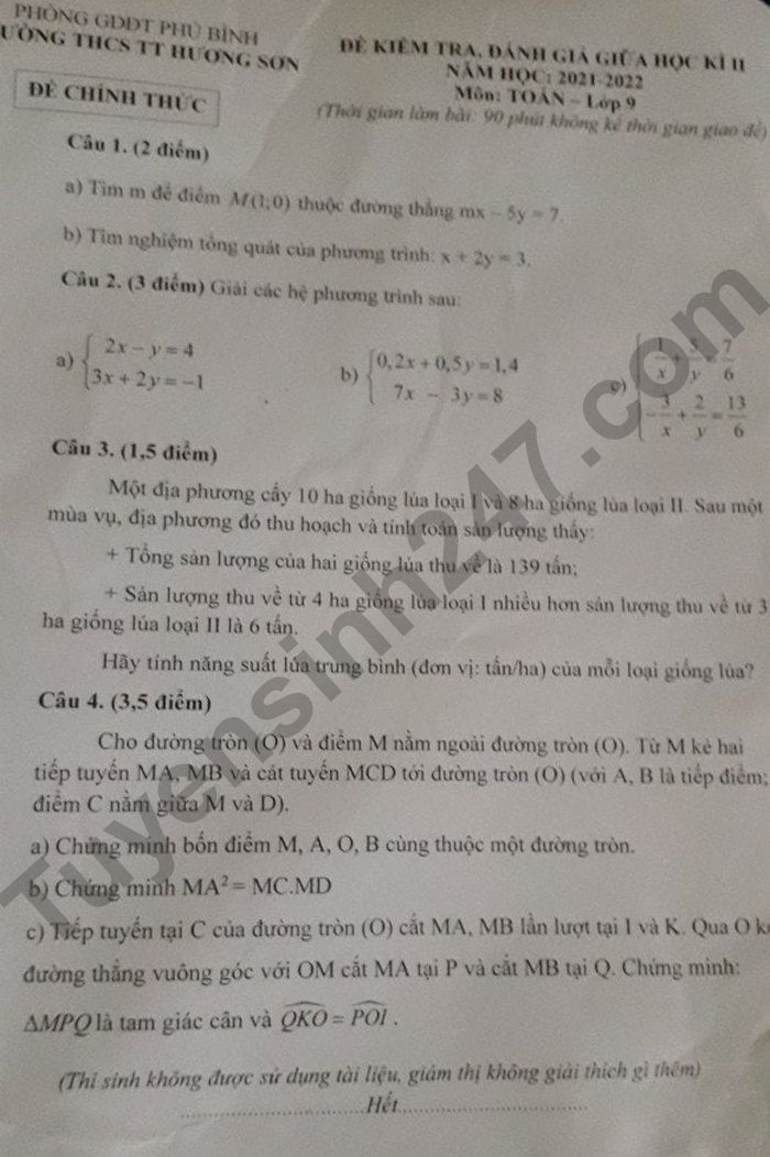 De thi giua ki 2 mon Toan lop 9 THCS TT Huong Son 2022