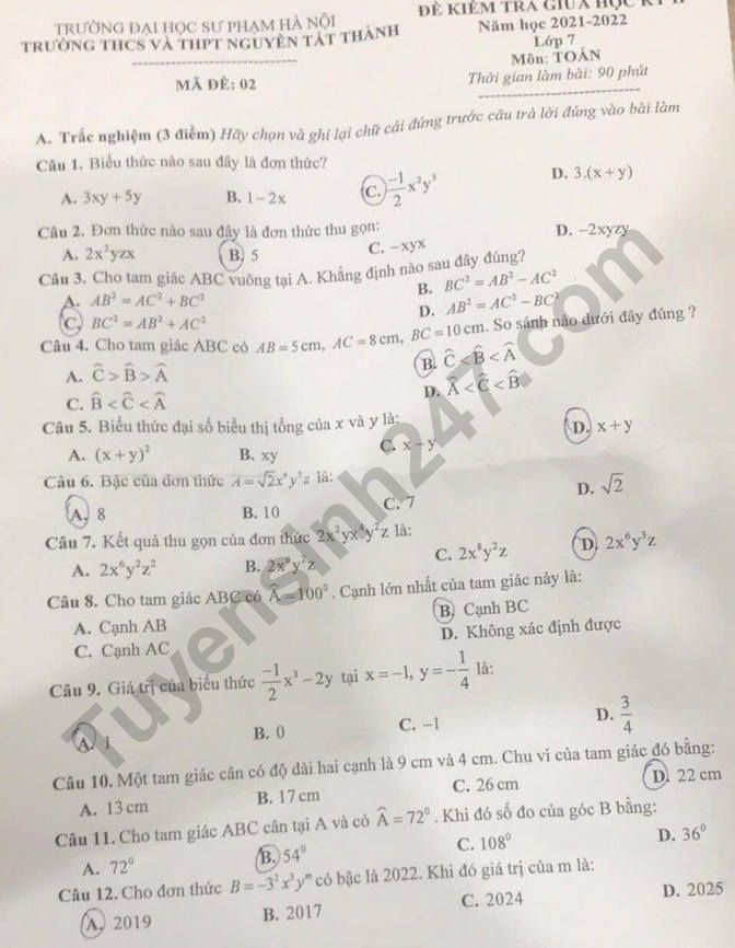 De giua ki 2 mon Toan lop 7 - THCS&THPT Nguyen Tat Thanh 2022