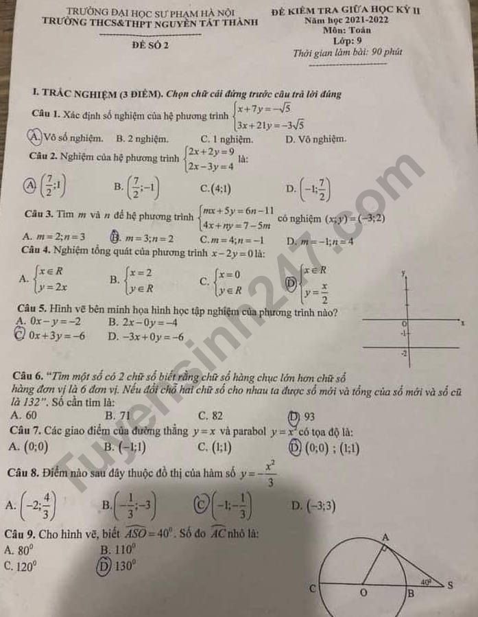 De thi giua ki 2 lop 9 mon Toan - THCS THPT Nguyen Tat Thanh 2022